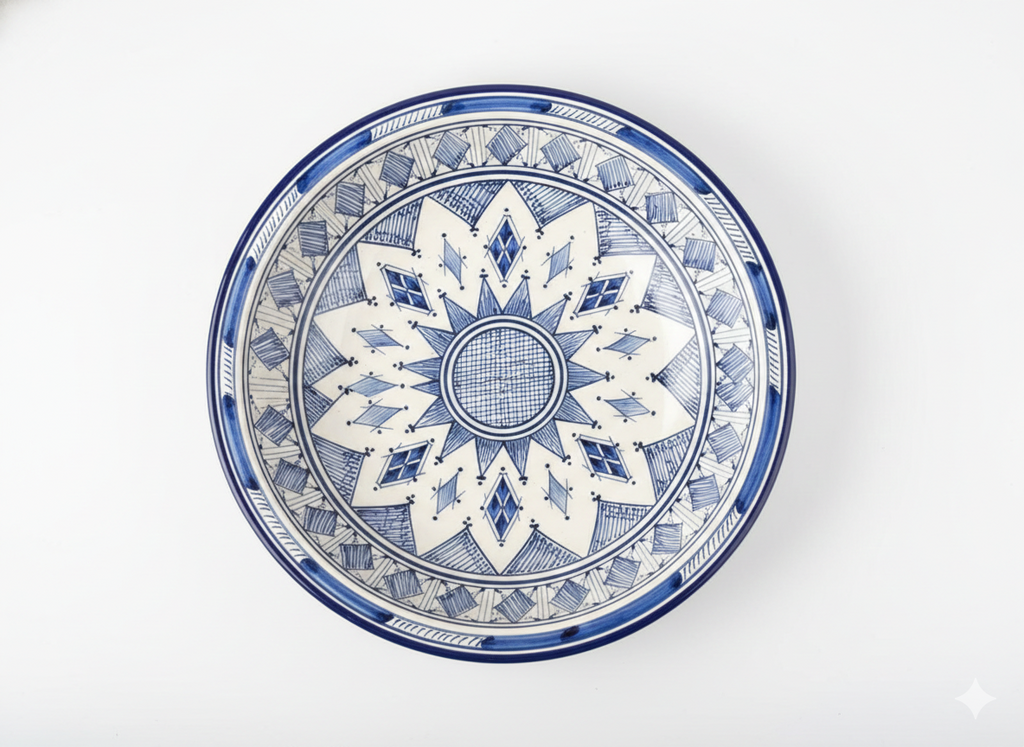 Grand Plat de Service Marocain en Poterie – Fait Main à Fès – Motifs Traditionnels Bleus