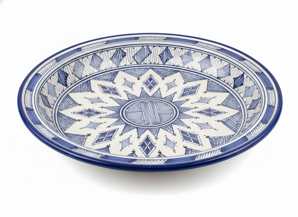 Grand Plat de Service Marocain en Poterie – Fait Main à Fès – Motifs Traditionnels Bleus