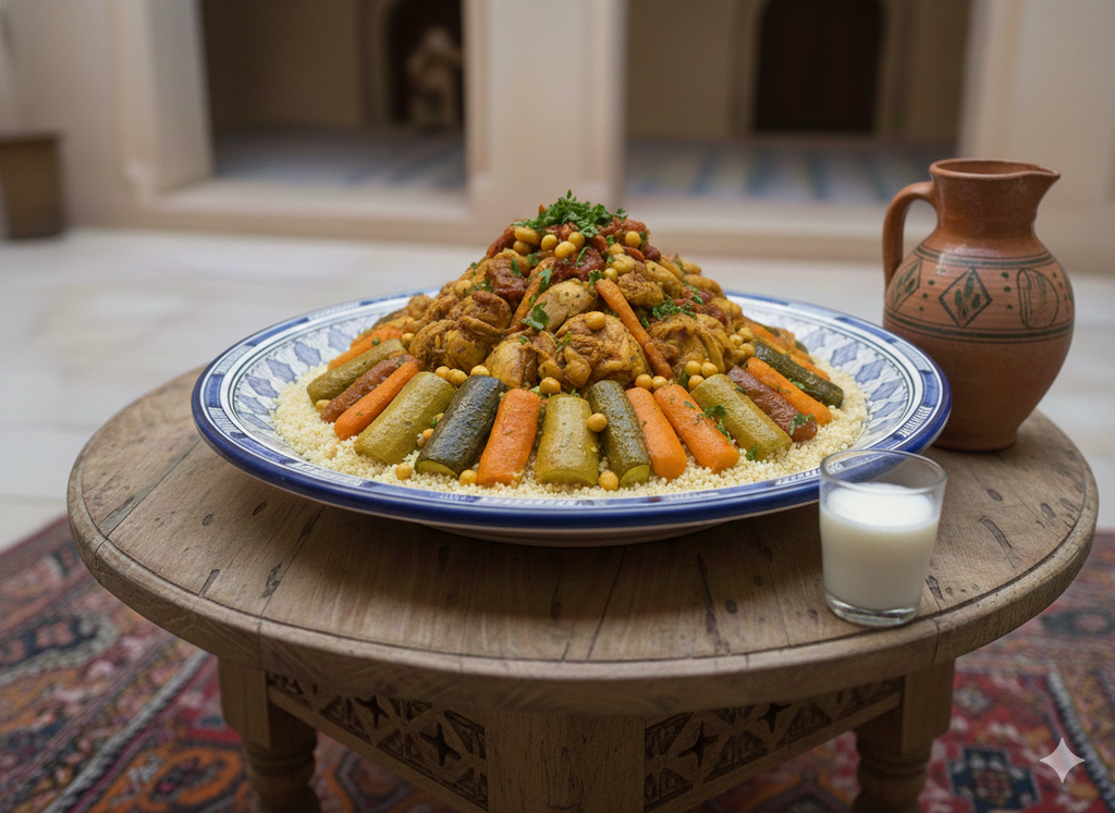 Grand Plat de Service Marocain en Poterie – Fait Main à Fès – Motifs Traditionnels Bleus