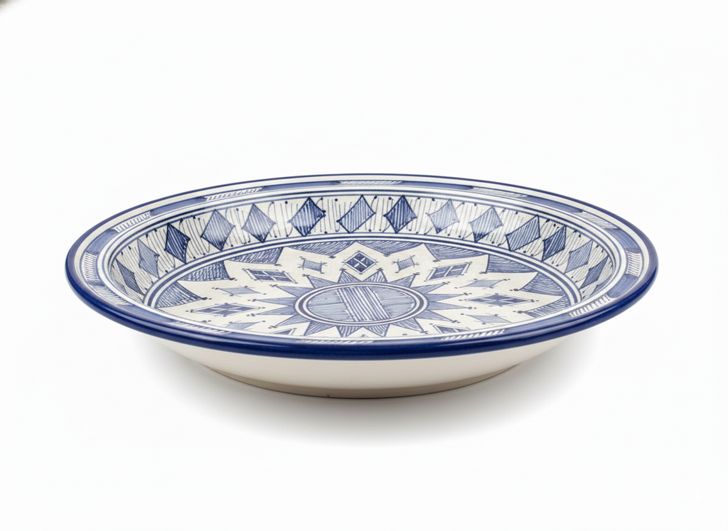 Grand Plat de Service Marocain en Poterie – Fait Main à Fès – Motifs Traditionnels Bleus