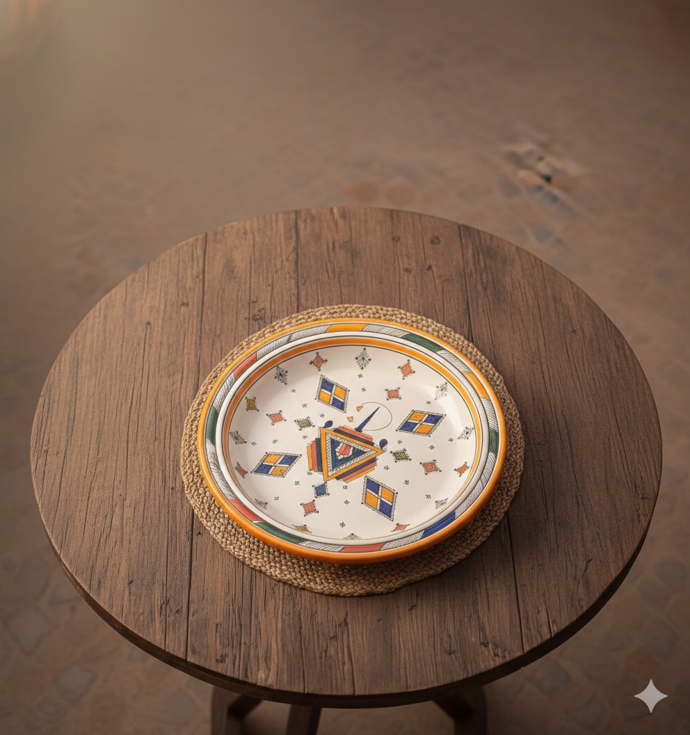 Grand Plat de Service Marocain en Poterie – Fait Main à Fès – Motifs Traditionnels Bleus